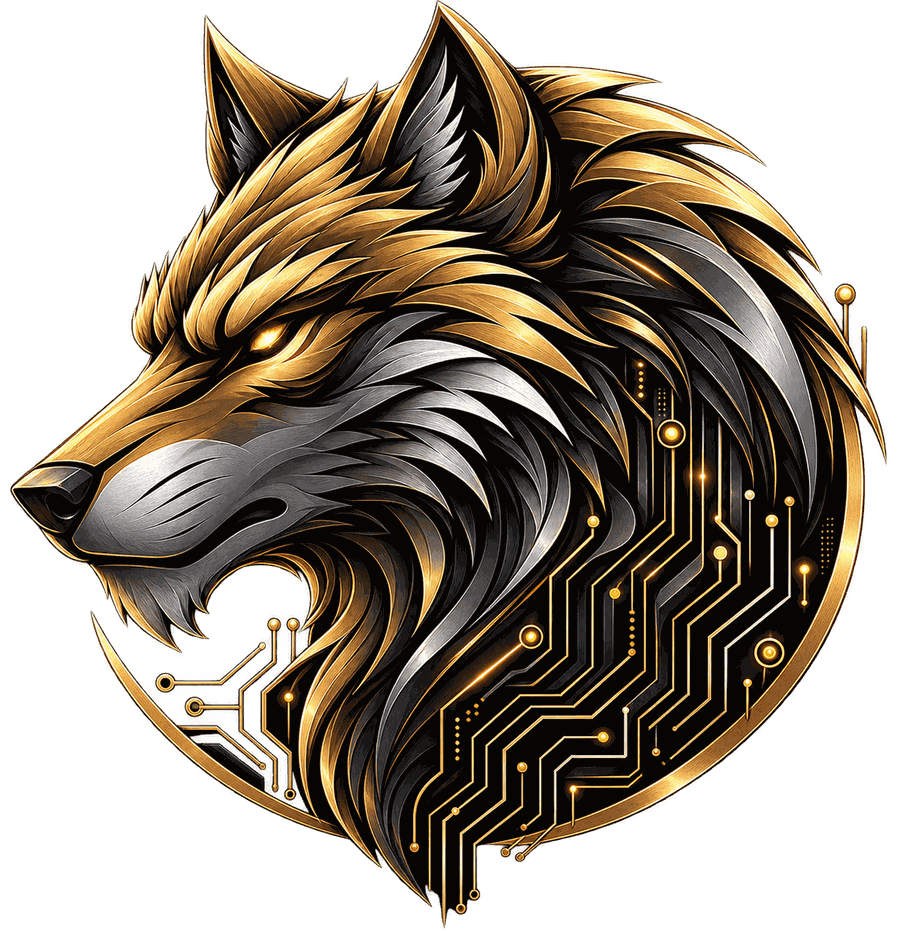 The Werewolf sigil: a wolf's head rendered in gold and steel, its mane resolving into circuit traces.